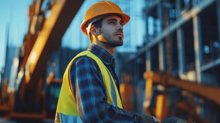 A construction worker in a bright safety vest and hard hat, operating machinery or handling building materials, demonstrating dedication and hands-on skills on-site.