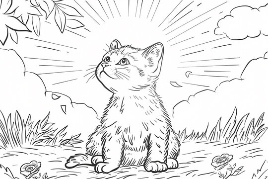 A cute gray kitten gazes upwards, surrounded by rays of sunlight and flowers, capturing a moment of wonder and curiosity. - Powered by Adobe