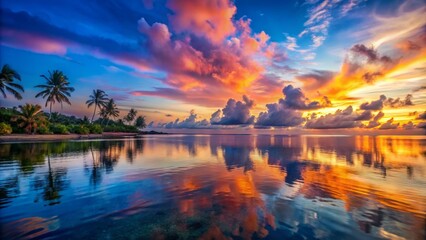 Vibrant colors of the dawn sky reflect onto the serene ocean surface and expansive tropical landscapes