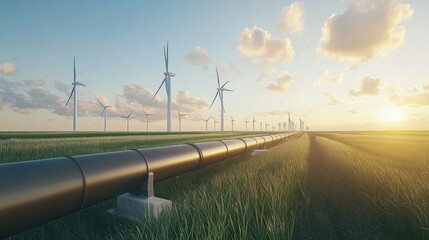 A juxtaposition of gas pipelines against modern wind turbines in an open, eco-friendly field, highlighting the shift towards renewable energy.