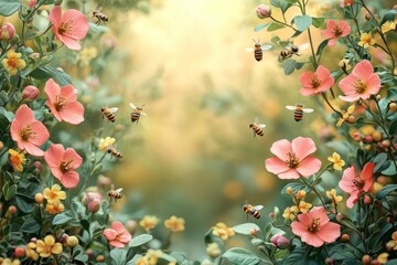 Spring Fling festival light pink background with decorations in green and a large space in the middle for text. Spring Fling format, such as flowers on both sides of the frame. Bees around. Bright