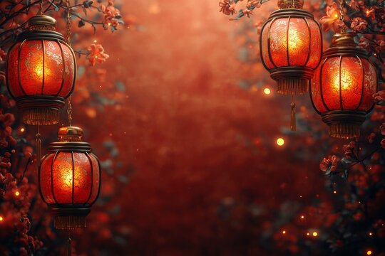 Crimson Glow festival red background with decorations in gold and a large space in the middle for text. Crimson Glow format, such as suns on both sides of the frame. Fireflies around. Bright colors