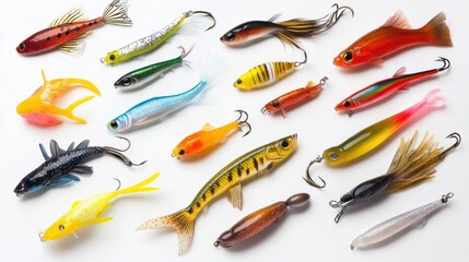 A selection of colorful fishing bait, with natural and artificial options, designed to attract a variety of fish species.