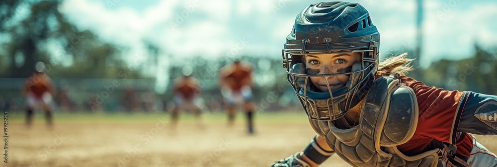 Poster catcher's quick toss, dynamic action on the field, players in motion, blurred background enhancing t