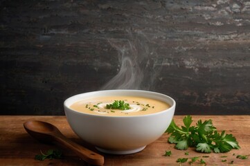 a bowl of cream soup with a wooden spoon on side