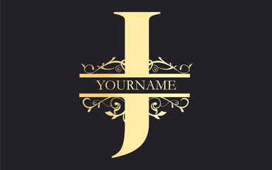 Initial  J floral Split Letter Monogram,luxury Wedding invitation Monogram Design,gold color on black background
