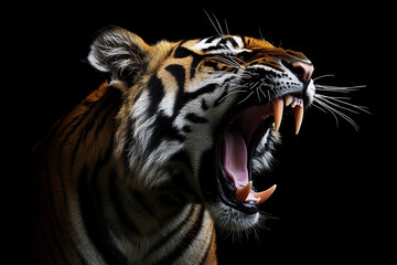 Close-up of a roaring Bengal tiger showcasing sharp teeth and striking fur patterns against a dark background.