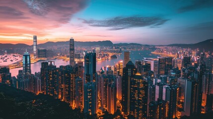 Vibrant city skyline at dusk, illuminated skyscrapers reflecting twilight hues, bustling urban atmosphere, dynamic energy of city life