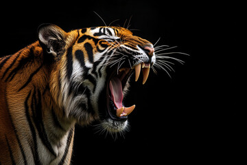 Close-up of a roaring Bengal tiger showing sharp teeth against a dark background.
