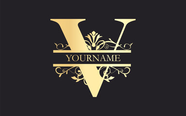 Initial V  floral Split Letter Monogram,luxury Wedding invitation Monogram Design,gold color on black background