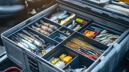 A well-organized fishing tackle box with compartments for hooks, lures, and other essentials, emphasizing easy access during fishing trips.