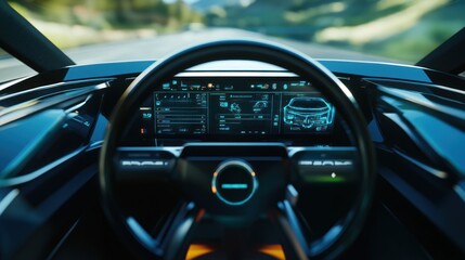 Close-up of a high-tech dashboard with augmented reality displays, showcasing real-time data and navigation for the driver.