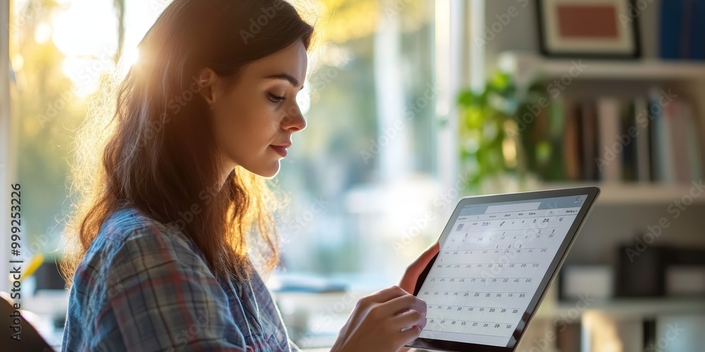 Poster Entrepreneur using a digital calendar on a tablet, efficiently scheduling tasks in a modern home office.