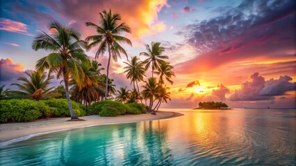 Golden light bathes the palm trees and powdery white sand beach as morning breaks on the tropical island, with vibrant hues of pink and orange mirrored on the calm turquoise water.