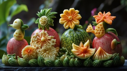 Edible fruit art, with creatively carved apples, melons, and pineapples in the form of flowers or animals, showcasing playful designs.