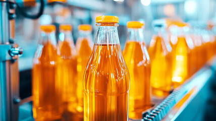 Bottles filled with orange beverage are moving through beverage filling machine, showcasing vibrant production line. scene captures efficiency and modernity of beverage manufacturing
