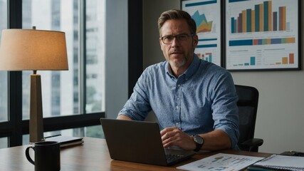 A man sits at a desk with a laptop and a pict