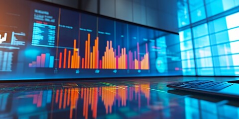 Detailed analysis of economic trends presented with colorful charts and graphs in a professional corporate meeting room.