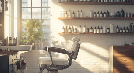 Empty barber chair in a sunlit barbershop with neatly arranged products on shelves.