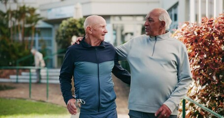 Fitness, walk and senior friends at park for funny joke, hug and laughing at retirement house. Water bottle, elderly men and conversation for healthy body, exercise or physical therapy for wellness