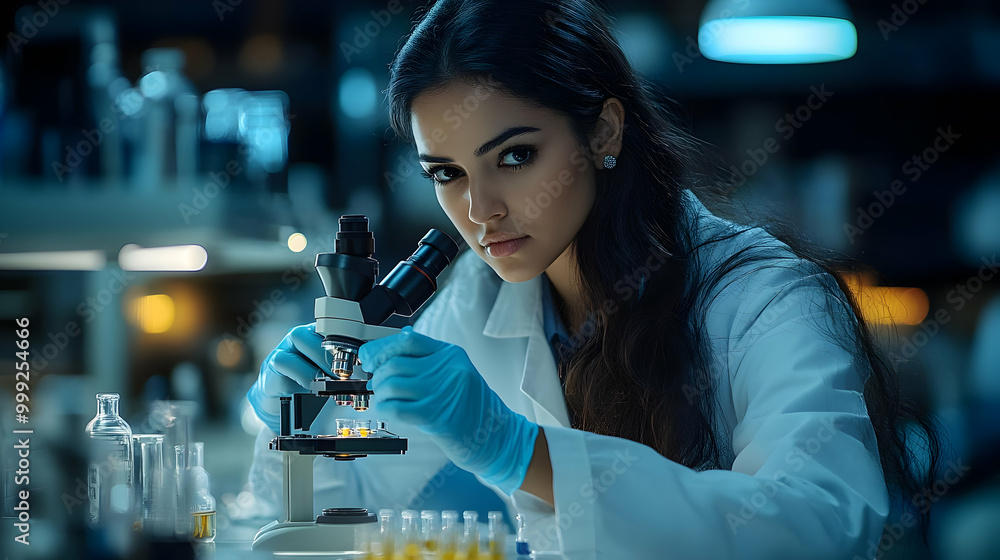 Poster scientist examining samples under microscope in laboratory
