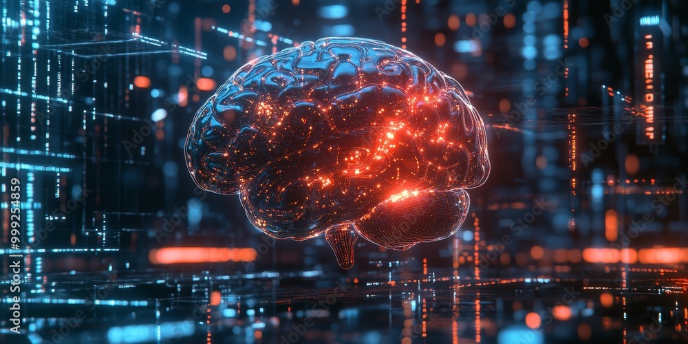 Poster a glowing AI brain in a cyberpunk setting, with intricate neural networks, data streams, and futuristic tech aesthetics.