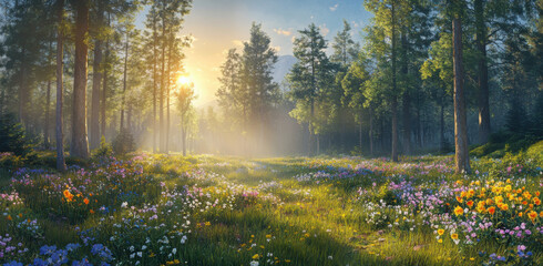 Obraz premium A serene forest clearing filled with colorful wildflowers at sunrise, creating a peaceful and enchanting atmosphere.