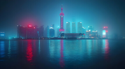 Nighttime Cityscape with Neon Lights Reflecting in Water