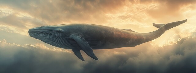 A giant whale floats in the sky, the atmosphere is calm and peaceful.