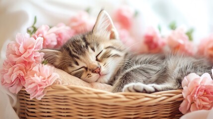 Cute little kitten sleeping in basket with beautiful pink flowers. Sweet dreams 