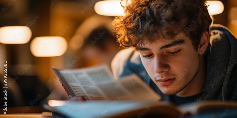 Poster a close-up features a student drinking coffee while reading, focusing on the casual setting and focu