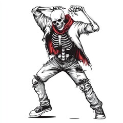Fototapeta premium A stylish skeleton in casual attire, exuding a cool vibe with a red scarf and ripped jeans, perfect for Halloween themes.