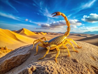 A close-up of a venomous yellow scorpion perched on a rocky outcropping, surrounded by vast expanse of sandy dunes and endless blue desert sky.