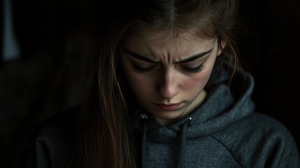 Teen girl with a somber expression, struggling with anxiety and depression, feeling isolated and lost, a representation of mental health