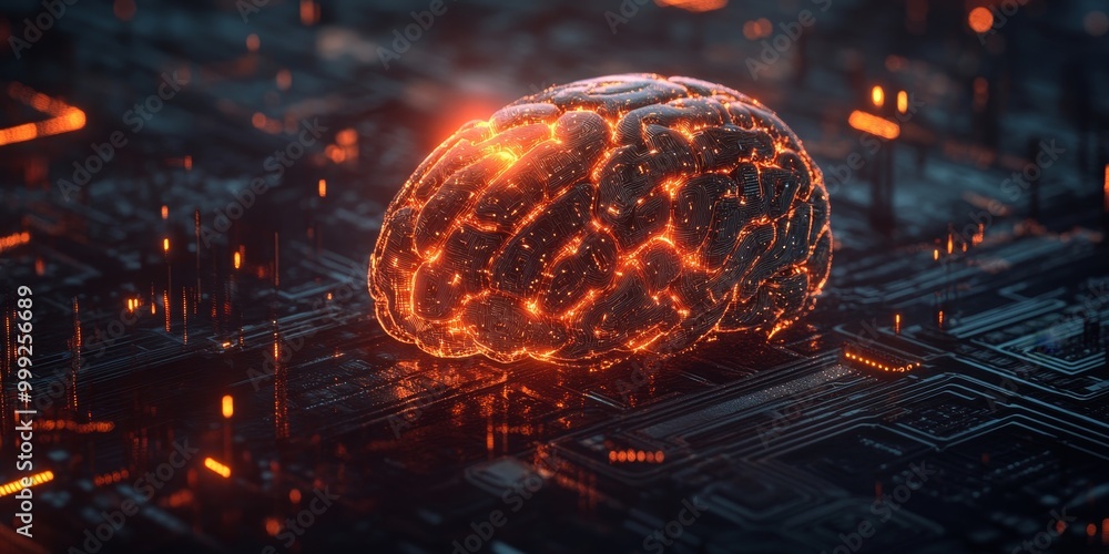 Poster a glowing AI brain in a cyberpunk setting, with intricate neural networks, data streams, and futuristic tech aesthetics.