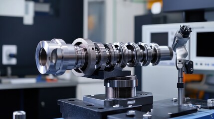 Repaired crankshaft mounted on a precision stand, rotating smoothly, with a CMM arm assessing its dimensions and surface quality.