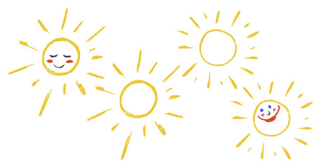 Doodle Chalk Smiling Sun. Outline cute sunshine chalk pastel textured. Kids hand drawn elements set. Happy Sun emoji crayon pencil freehand drawing. Doodle cartoon vector illustration isolated