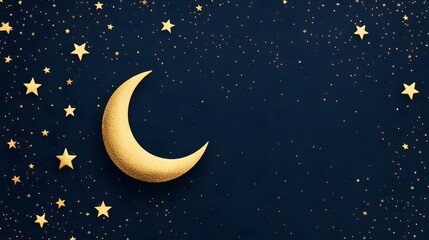 Naklejka premium A serene night sky featuring a golden crescent moon surrounded by sparkling stars on a deep blue background.