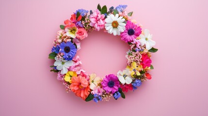 Colorful floral wreath made of fresh flowers, ideal for spring or summer events.