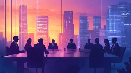 Fototapeta premium Creative image of many business people conference group meeting on city office building background showing partnership success of business deal. Concept of teamwork, trust and agreement. 