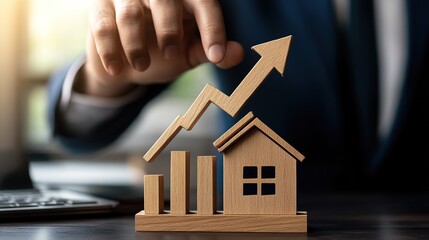 House price increase, value increase graph for real estate investment, housing or property, sales and market prices, rent or mortgage interest cost concept, businessman owner with rising arrow house.