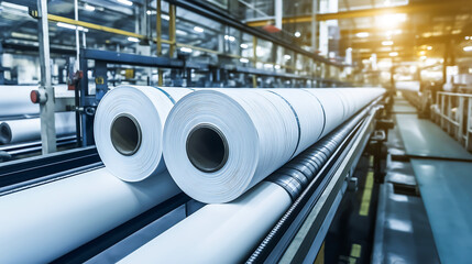 Rows of large white industrial textile rolls on a conveyor belt in a modern factory setting