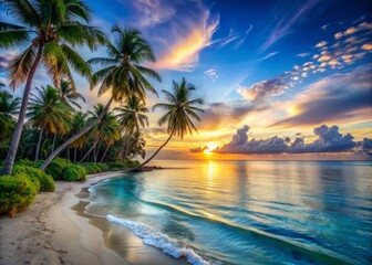 Fototapeta premium Tranquil Morning Paradise emerges with a warm glow as the sun rises over the vast expanse of cerulean blue waters and powdery white sandy shores lined with swaying palm trees and gentle sea spray.