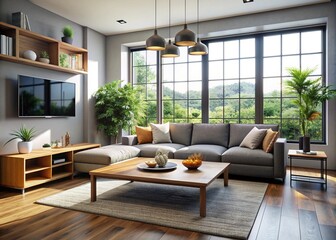 Fototapeta premium A modern living room with a couch, coffee table, and windows, but no TV, promoting a peaceful atmosphere and alternative entertainment options.