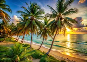 Obraz premium Warm golden light pours over the lush green palm trees and sandy white beach, casting a serene ambiance as the calm turquoise sea stretches out to meet the horizon.