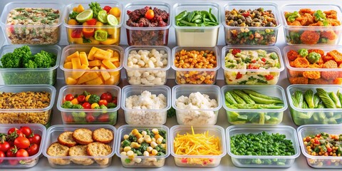 A neatly stacked collection of frozen meals, entrees, and snacks in colorful boxes, filling a modern freezer with convenient and easy culinary options.