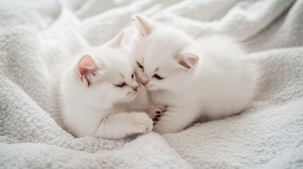 Obraz premium Lovely white kitten playing with each other. Cute little kittens relax on white blanket. Small cat. love and friendship. cute white kitten, british longhair. idea of tenderness and childhood.