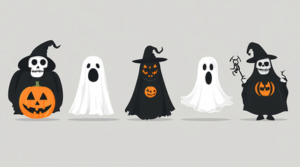 Halloween characters horror vector set design. Halloween character like grim reaper, ghost, pumpkin and Frankenstein.
