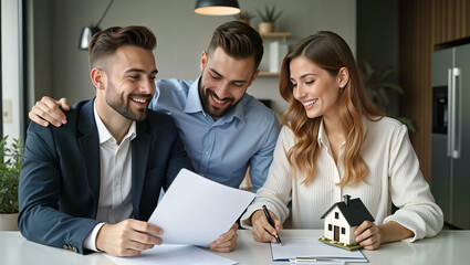 A cheerful trio reviewing documents with a miniature house, symbolizing the excitement of homeownership. Perfect for real estate marketing, blogs, and promotional materials