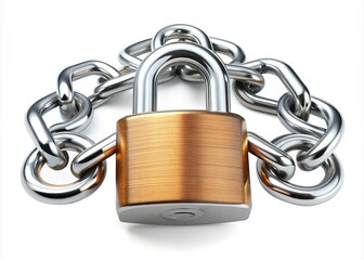 A shiny silver padlock with abold stainless steel body and rusty chain links isolated on a clean white background, symbolizing security and protection.